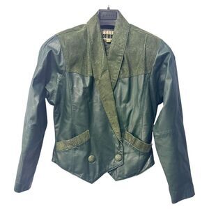Vintage Green Leather 80's Skirt Suit medium jacket skirt size 8 olive green